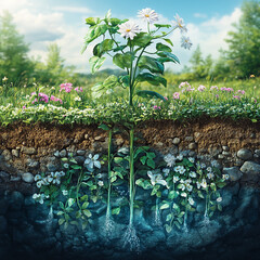 Detailed Plant Growth Illustration: Above and Below Ground Ecosystem