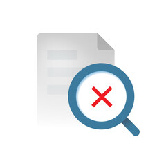 Modern gradient illustration of document silhouette with magnifying glass and cross mark. file not found, no document available, error search result, or missing data concept