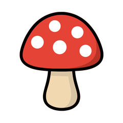 Flat vector illustration of a single mushroom with red cap and white dots on a white background
