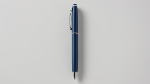 A navy blue ballpoint pen rests on a plain white surface, showcasing a simple, elegant design.