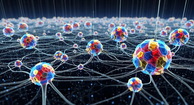 A vibrant, interconnected network of colorful, glowing spherical nodes representing complex systems like neural networks or cellular communication.