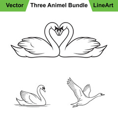 Three Distinct Swan Poses as a Clean Vector Line Art Set