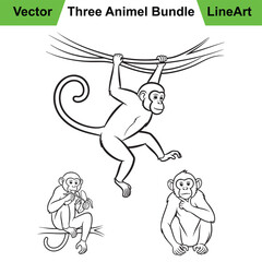 Three Unique Monkey Poses as a Minimalist Line Art Collection
