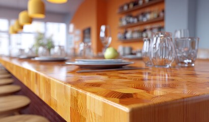 Wooden bar counter with place settings and glassware