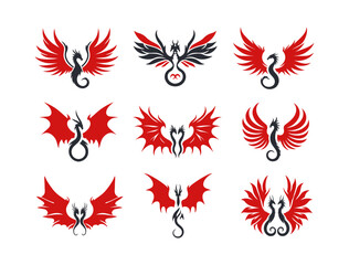 6 Winged Dragon Logo Set Red and Black Fantasy Beast Collection