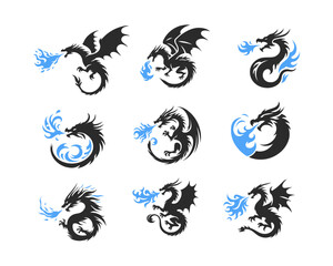 9 Blue Flame Dragon Logo Set Fantasy Fire Creature Branding Collection