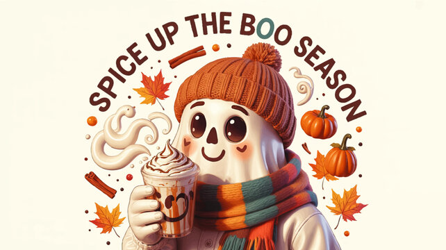Cute Ghost Drinking Pumpkin Spice Latte in Autumn Scarf and Hat, Surrounded by Pumpkins, Cinnamon Sticks, and Fall Leaves – Festive Halloween and Fall Illustration
