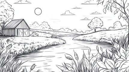 Simple Sketch of Rural Landscape with Barn and River