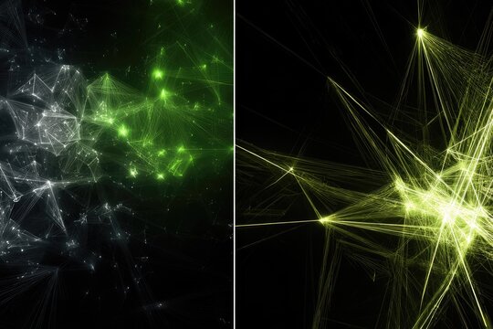 Abstract artwork featuring two distinct sections of glowing, interconnected lines and nodes, creating a sense of energy and complexity