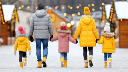 Happy Family Walking Hand in Hand at Festive Winter Market in Snow