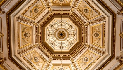 Obraz premium Ornate, intricate ceiling design features a complex pattern of decorative elements in gold and cream tones.