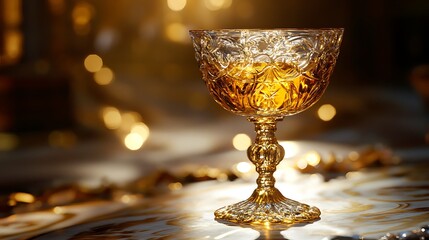 A delicate crystal goblet with swirling golden soda at a royal banquet