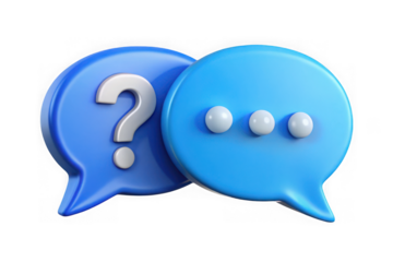 Two 3d rendered blue speech bubbles overlapping one with question mark other with ellipsis transparent background