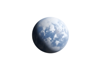 A stylized, icy celestial sphere is displayed against a dark backdrop, showcasing a pale blue surface with light, textured markings.