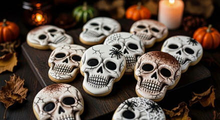 Skull shaped halloween cookies displayed on a dark surface with pumpkins and a candle in the background