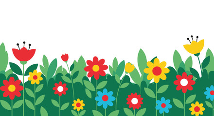 Vibrant cartoon flowers and lush green leaves creating a cheerful spring garden scene