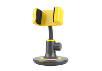 A bright yellow smartphone holder with a dark gray base stands out against a black background.