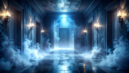 A long, dimly lit hallway shrouded in mysterious blue fog, with ornate wall sconces and closed doors, creates an eerie and suspenseful atmosphere.