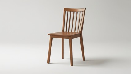 A simple, modern wooden chair with slatted back stands against a plain white background.