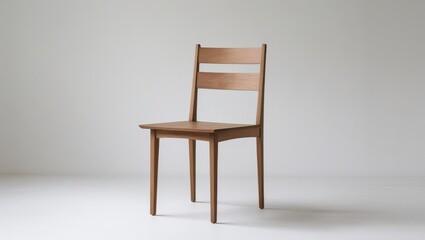 A simple, light brown wooden chair, angled, presented against a bright white background.