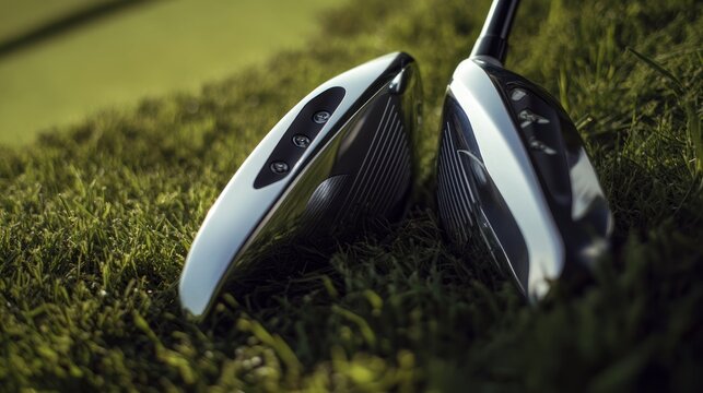 Golf clubs resting on green grass, golf course background