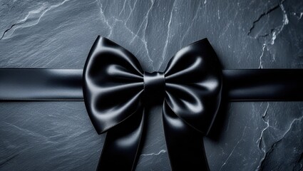 A sophisticated black satin ribbon bow sits elegantly on a dark gray stone surface, showcasing a dramatic and mournful tone.