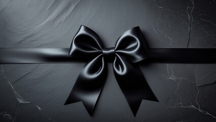 Elegant black satin ribbon bow, set against a dark, textured stone backdrop, creates a sophisticated and solemn presentation.
