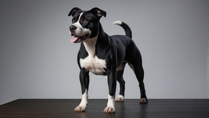 A black and white dog stands proudly on a dark wooden surface against a neutral backdrop.