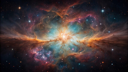 Colorful Nebula with Bright Center and Star Clusters in Deep Space galaxy stars