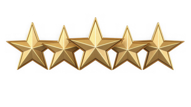 Cluster of five shiny metallic gold five-pointed stars arranged in a row against a black backdrop transparent background