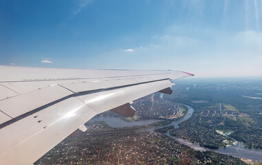 Obraz premium View from the airplane window during takeoff at Sheremetyevo airport at summer