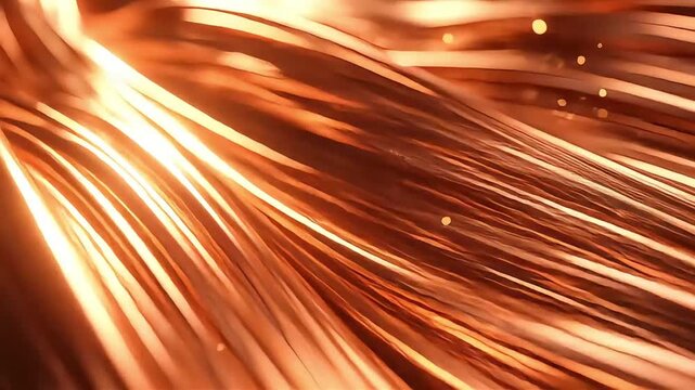 Glistening copper wires flow in a luminous wave, symbolizing energy, data transmission, and modern industrial technology