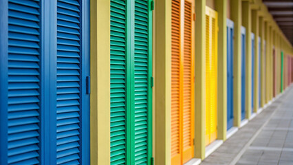 Colorful Row of Beach Huts with Louvered Shutters in Bright Primary and Secondary Colors blue