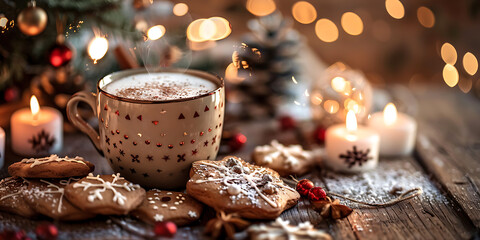 Cozy holiday scene with hot cocoa star cookies lit candles wooden table decorated tree and festive lights