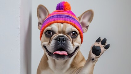 Playful French Bulldog wearing a vibrant winter hat waves a paw in a cheerful indoor  setting.
