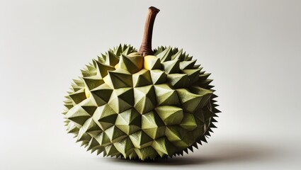 A close-up, geometrically textured durian fruit, vibrant green and a light yellow, is presented against a simple white backdrop.
