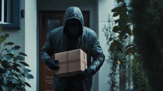 Hooded Man Committing Package Theft in Residential Area