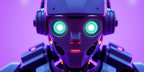Glowing-eyed robot, purple backdrop Sleek design, futuristic aesthetic,  detail,  concept