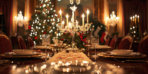 Festive dining room with decorated Christmas tree glowing candles elegant place settings creating warm inviting holiday ambiance