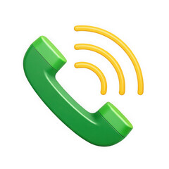 Green 3d rendered telephone handset with yellow sound waves communication concept transparent background