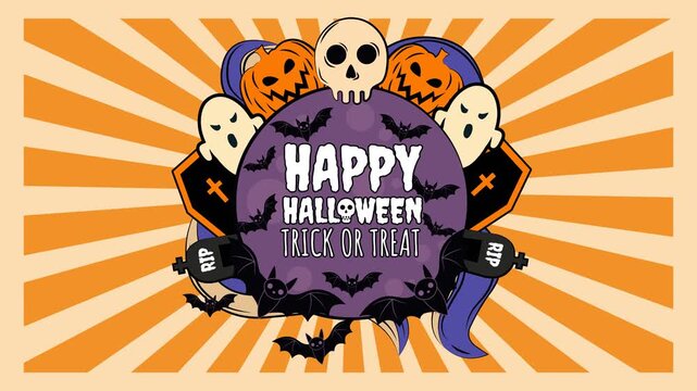 Halloween animation featuring spooky skulls, ghosts, pumpkins, coffins, bats, and RIP tombstones around a &ldquo;Happy Halloween Trick or Treat&rdquo; text with orange sunburst background in 4K.