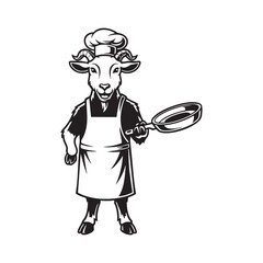 Vector art of a goat chef with a toque and apron is holding a frying pan,creating a whimsical and culinarythemed illustration