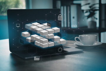 Blockchain technology concept with digital cubes and cybersecurity icons on laptop screen, symbolizing data protection, digital ledger, cryptocurrency, and secure transactions.