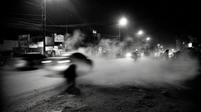 Evening urban street with thick smoke, flying debris, and motion blur emphasizing frantic movement and tension