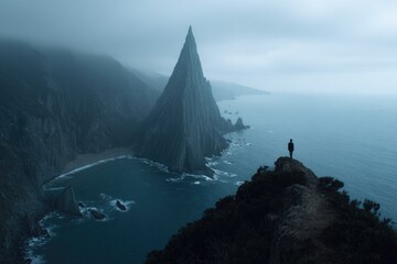A solitary figure overlooks a dramatic coastal vista, a sharp peak rising from a misty ocean