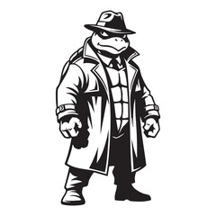 Vector art of a ninja turtle character is wearing a trench coat and fedora,in a mysterious and secretive pose like a detective or spy