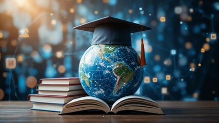 Symbolic representations of global education include books, graduation caps on a globe, and a digital network background, depicting connectivity and innovation in learning. 4k video - Powered by Adobe