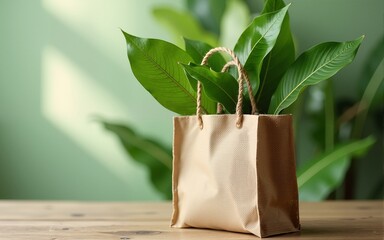 Eco-friendly jute shopping bag with lush green leaves promoting sustainable lifestyle choices and reusable shopping. High quality. High quality
