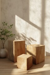 Sunlit Wooden Cubes Minimalist Display