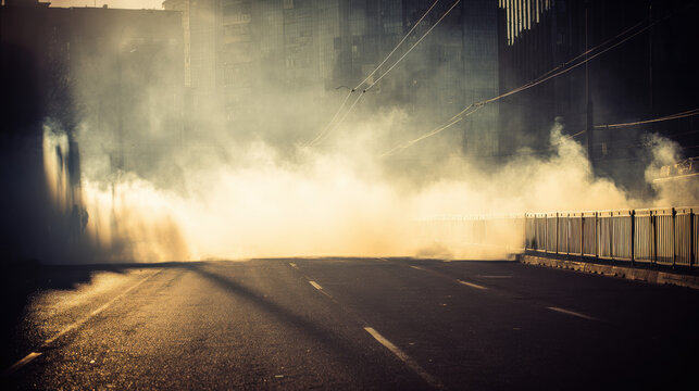 Evening urban street with thick smoke, flying debris, and motion blur emphasizing frantic movement and tension